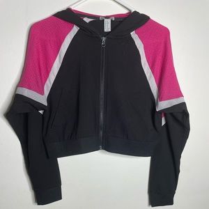 Forever 21, Crop zip up hoodie, black and pink w/ print on the back. Size Small